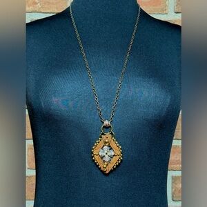 Handcrafted Wood & Crystal Pendant Necklace Bronze Tone 30” Chain + Extender